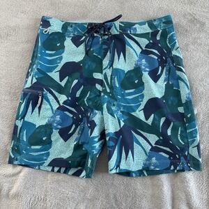 Bass Pro Men's Swim Trunks Board Shorts Blue Green Leaf Pattern Drawstring Sz 34